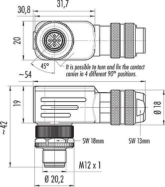 Scale drawing M12 Male angled connector, Contacts: 5, 6.0-8.0 mm, shieldable, screw clamp, IP67, UL 2238, with shielding ring