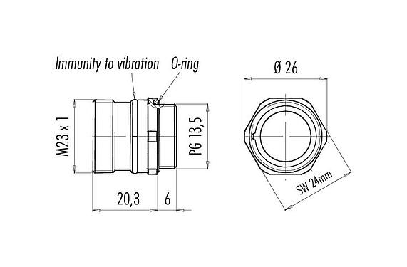 Scale drawing M23 Male panel mount connector, Contacts: 16, unshielded, solder, IP67