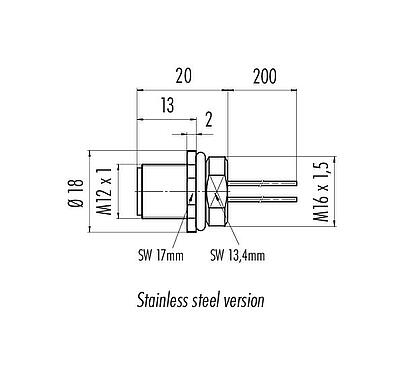 Dessin coté M12 Embase mâle, Contacts: 5, non blindé, fils, IP68, UL 2238, M16x1,5, Montage frontal, Acier inoxydable, coulé