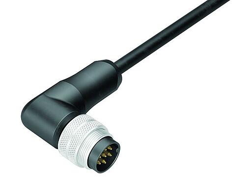 Illustration M16 Male angled connector, Contacts: 7 (07-a), unshielded, moulded on the cable, IP67, PUR, black, 7 x 0.25 mm², 5 m