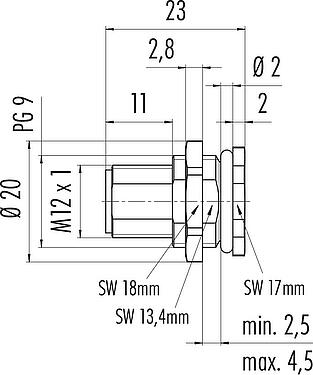 Scale drawing M12 Male panel mount connector, Contacts: 8, unshielded, solder, IP68, UL 2238, PG 9, Rear mounting