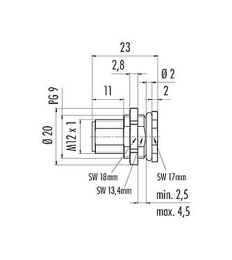 Scale drawing M12 Male panel mount connector, Contacts: 4, unshielded, solder, IP68, UL 2238, PG 9, Rear mounting