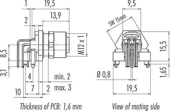 Dessin coté M12 Embase femelle, coudé, Contacts: 8, non blindé, THR, IP68, UL 2238, Montage frontal, pour assemblage PCB