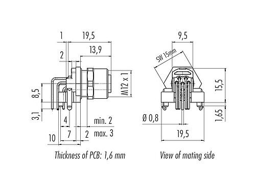 Dessin coté M12 Embase femelle, coudé, Contacts: 8, non blindé, THR, IP68, UL 2238, Montage frontal, pour assemblage PCB