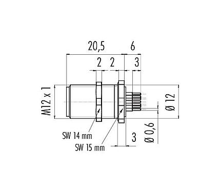 Scale drawing M12 Male panel mount connector, Contacts: 12, unshielded, THT, IP68, M12x1.0, Rear mounting, potted