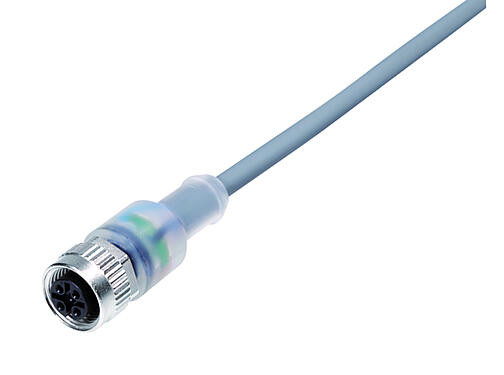 Illustration 77 3630 0000 20004-0200 - M12 Female cable connector, Contacts: 4, unshielded, moulded on the cable, IP69K, UL, PVC, grey, 4 x 0.34 mm², with LED PNP closer, 2 m