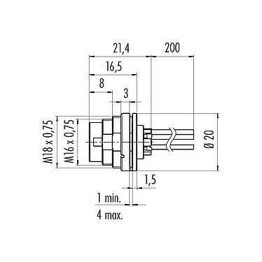 Scale drawing 09 0315 782 05 - M16 Male panel mount connector, Contacts: 5 (05-a), unshielded, single wires, IP40