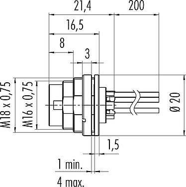 Dibujo a escala M16 Enchufe de brida, Número de contactos: 5 (05-a), sin blindaje, hilos, IP40, M18x0,75, Montaje en pared