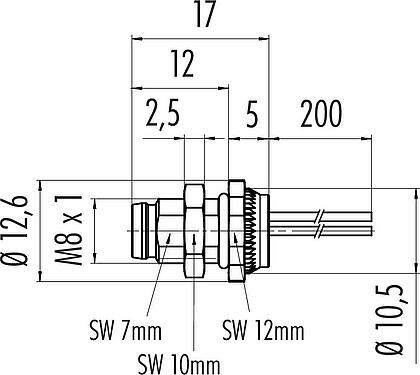 Scale drawing M8 Male panel mount connector, Contacts: 8, unshielded, single wires, IP67, UL 2238, M8x1.0, Rear mounting, potted