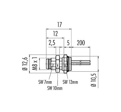 Scale drawing 76 6319 1111 00008-0200 - M8 Male panel mount connector, Contacts: 8, unshielded, single wires, IP67, UL, front fastened