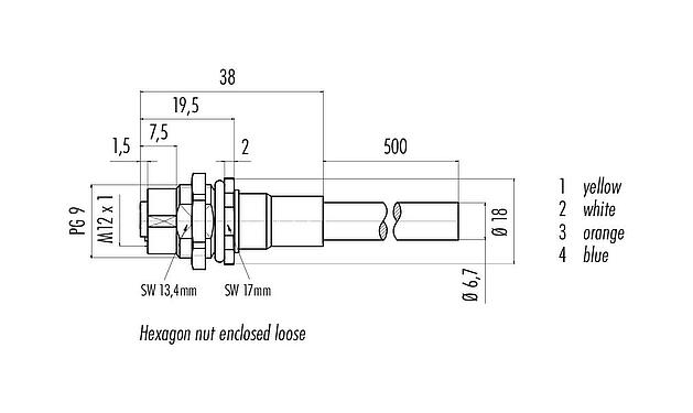 Dessin coté M12 Embase femelle, Contacts: 4, blindé, assemblés avec câble, IP67, UL, PG 9, Profinet, PUR, vert, 2 x 2 x AWG 22, Montage mural arrière, 0,5 m