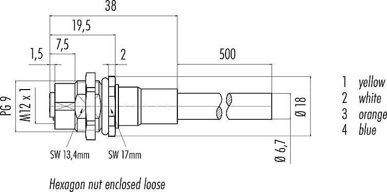 Scale drawing M12 Female panel mount connector, Contacts: 4, shielded, with cable assembled, IP67, UL, PG 9, Profinet, PUR, green, 2 x 2 x AWG 22, Rear mounting, 0.5 m