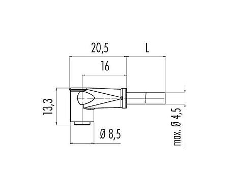 Scale drawing 79 3388 45 04 - Snap-In Female angled connector, Contacts: 4, unshielded, moulded on the cable, IP65, PVC, black, 4 x 0.25 mm², 5 m