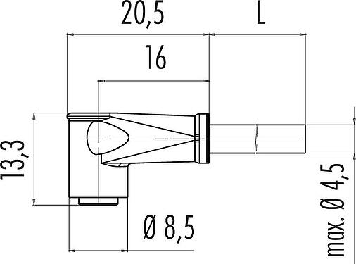 Dibujo a escala M8 Conector hembra en ángulo, Número de contactos: 3, sin blindaje, moldeado en el cable, IP65, PVC, negro, 3 x 0,25 mm², Versión snap-in, 5 m