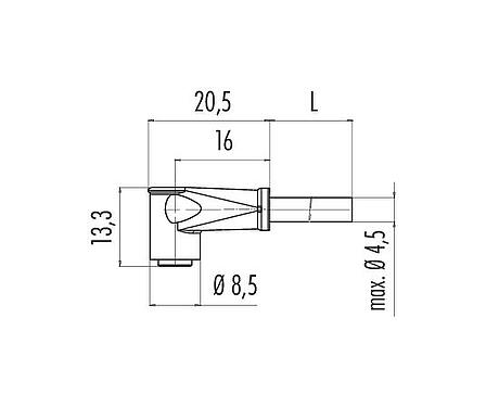 Scale drawing M8 Female angled connector, Contacts: 4, unshielded, moulded on the cable, IP65, PVC, black, 4 x 0.25 mm², Snap-in version, 5 m