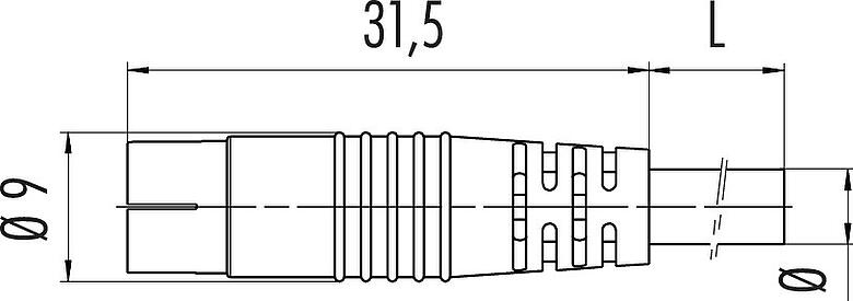 Scale drawing Snap-In Male cable connector, Contacts: 3, unshielded, moulded on the cable, IP40, PVC, black, 3 x 0.25 mm², 5 m