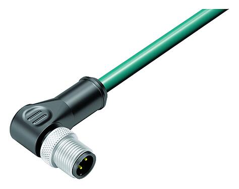 Illustration M12 Male angled connector, Contacts: 4, shielded, moulded on the cable, IP67, Ethernet CAT5e, TPE, teal, 2 x 2 x AWG 24, 3 m