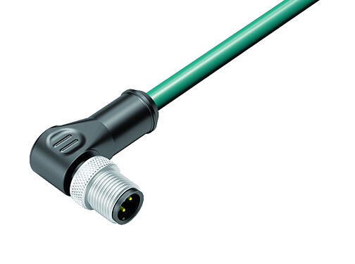 Illustration 77 4527 0000 34704-0300 - M12 Male angled connector, Contacts: 4, shielded, moulded on the cable, IP67, Ethernet CAT5e, TPE, blue/green, 2 x 2 x AWG 24, 3 m