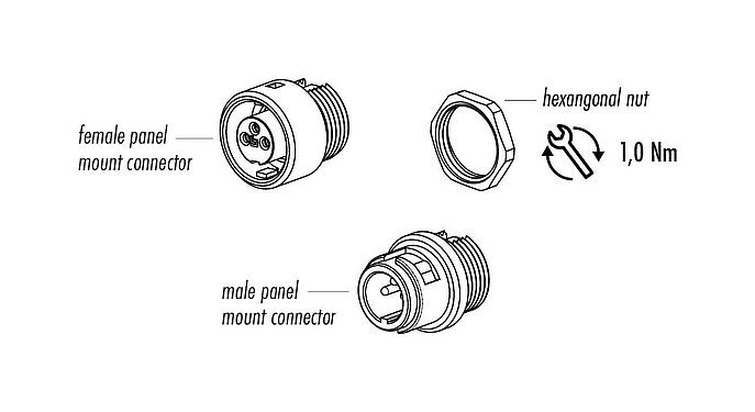 Component part drawing Bayonet Male panel mount connector, Contacts: 5, unshielded, solder, IP40, M10x0.75, Front mounting