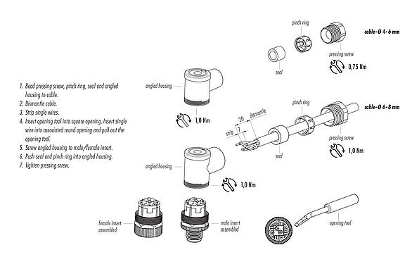 Instrucción de montaje M12 Conector macho en ángulo, Número de contactos: 5, 4,0-6,0 mm, sin blindaje, abrazadera de alambre, IP67