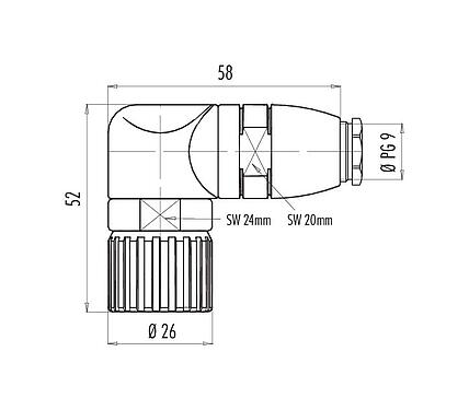 Scale drawing 99 4609 70 16 - M23 Male angled connector, Contacts: 16, 6.0-10.0 mm, unshielded, solder, IP67