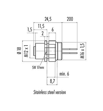 Dibujo a escala M12 Toma de brida, Número de contactos: 4, sin blindaje, hilos, IP68/IP69K, UL 2238, M16x1,5, Montaje frontal, Acero inoxidable, posicionable, moldeado