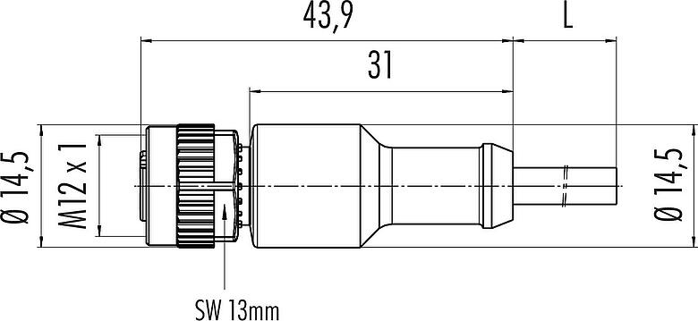 Dibujo a escala M12 Conector de cable hembra, Número de contactos: 3, sin blindaje, moldeado en el cable, IP68/IP69K, UL 2238, PVC, gris, 3 x 0,34 mm², con LED PNP, 2 m