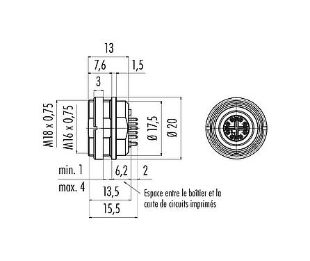 Dessin coté 99 4174 90 08 - M16 Embase femelle, Contacts: 8, blindable, THR, IP67, M18x0,75, Montage mural arrière