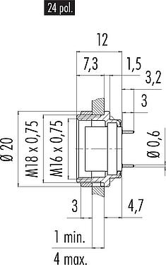 Dibujo a escala M16 Toma de brida, Número de contactos: 24, sin blindaje, THT, IP40, M18x0,75, Montaje en pared
