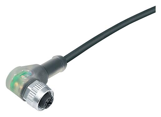 Illustration M12 Connecteur femelle coudé, Contacts: 4, non blindé, surmoulé sur le câble, IP68/IP69K, UL 2238, PUR, noir, 4 x 0,34 mm², avec LED, PNP, 2 m