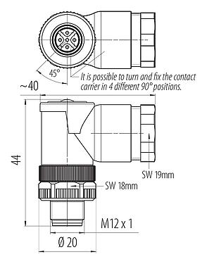 Dibujo a escala 99 0437 162 05 - M12 Conector macho en ángulo, Número de contactos: 5, 2 x Cable Ø 2 mm, 1,0-3,0 mm  o 4,0-5,0 mm, sin blindaje, tornillo extraíble, IP67, UL