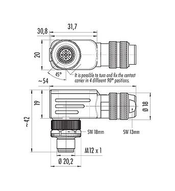 Dessin coté M12 Connecteur mâle coudé, Contacts: 5, 6,5-8,5 mm, blindable, pince à visser, IP67, UL 2238, avec anneau de protection