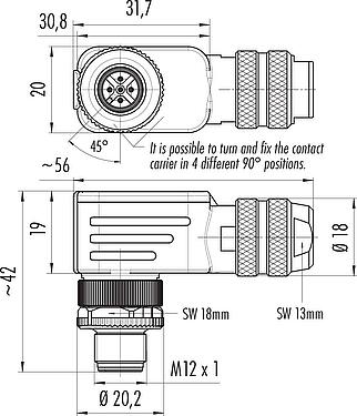 Scale drawing M12 Male angled connector, Contacts: 5, 4.0-6.0 mm, shieldable, wire clamp, IP67, with shielding ring