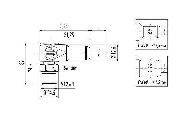 Scale drawing M12 Male angled connector, Contacts: 3, unshielded, moulded on the cable, IP67/IP69K, UL 2238, Ecolab, PVC, grey, 3 x 0.34 mm², stainless steel, 5 m