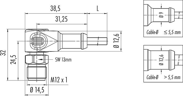 Dibujo a escala M12 Conector macho en ángulo, Número de contactos: 4, sin blindaje, moldeado en el cable, IP67/IP69K, UL 2238, Ecolab, PVC, gris, 4 x 0,34 mm², Acero inoxidable, 2 m
