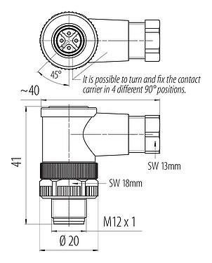 Scale drawing M12 Male angled connector, Contacts: 4, 4.0-6.0 mm, unshielded, screw clamp, IP67, UL 2238