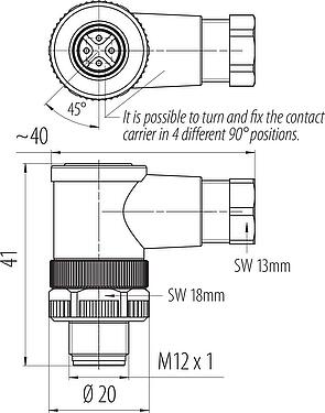 Scale drawing M12 Male angled connector, Contacts: 4, 4.0-6.0 mm, unshielded, screw clamp, IP67, UL 2238