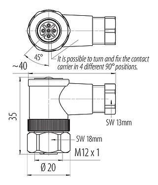 Scale drawing M12 Female angled connector, Contacts: 5, 4.0-6.0 mm, unshielded, screw clamp, IP67, UL 2238