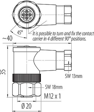 Scale drawing M12 Female angled connector, Contacts: 5, 4.0-6.0 mm, unshielded, screw clamp, IP67, UL 2238