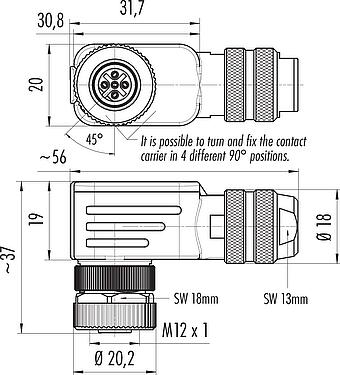 Dibujo a escala M12 Conector hembra en ángulo, Número de contactos: 5, 6,0-8,0 mm, blindable, abrazadera de alambre, IP67, con anillo de protección