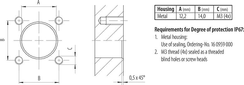 Muestra de montaje M12 Conector hembra cuadrado de montaje en panel, Número de contactos: 4, sin blindaje, hilos, IP40, UL 2238, M3 (4x), Montaje frontal, moldeado