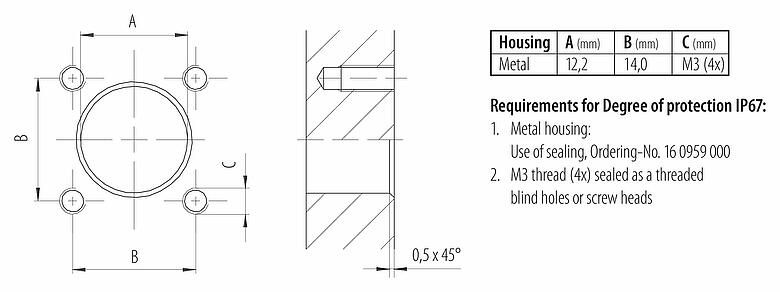 Muestra de montaje M12 Conector hembra cuadrado de montaje en panel, Número de contactos: 4, sin blindaje, hilos, IP40, UL 2238, M3 (4x), Montaje frontal, moldeado