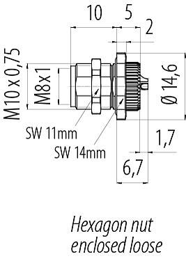 Scale drawing M8 Female panel mount connector, Contacts: 4, solder, IP67/IP69K, M10x0.75, Rear mounting, with solder cups