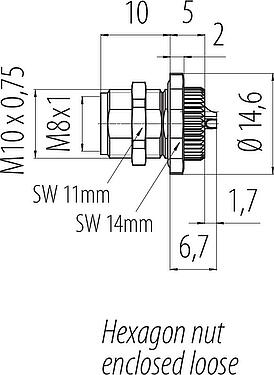 Dibujo a escala M8 Toma de brida, Número de contactos: 4, soldadura, IP67/IP69K, M10x0,75, Montaje en pared, con copas de soldadura