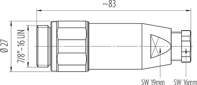 Dibujo a escala 7/8" Conector de cable macho, Número de contactos: 4+PE, 6,0-8,0 mm, sin blindaje, tornillo extraíble, IP67, UL 2238, VDE