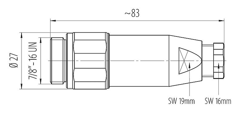 Dibujo a escala 7/8" Conector de cable macho, Número de contactos: 4+PE, 6,0-8,0 mm, sin blindaje, tornillo extraíble, IP67, UL 2238, VDE