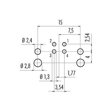 Conductor layout 99 3431 202 04 - M12 Male angled panel mount connector, Contacts: 4, unshielded, THR, IP68, UL 2238, for PCB assembly, two-part design