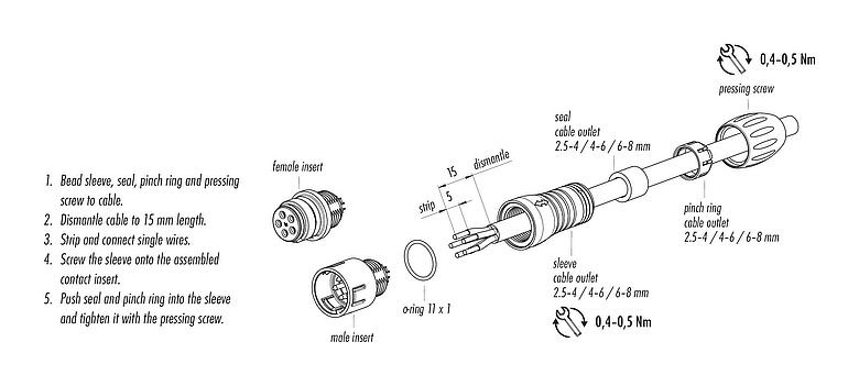 Instrucción de montaje Snap-In Conector de cable macho, Número de contactos: 12, 6,0-8,0 mm, sin blindaje, soldadura, IP67, UL 2238, VDE