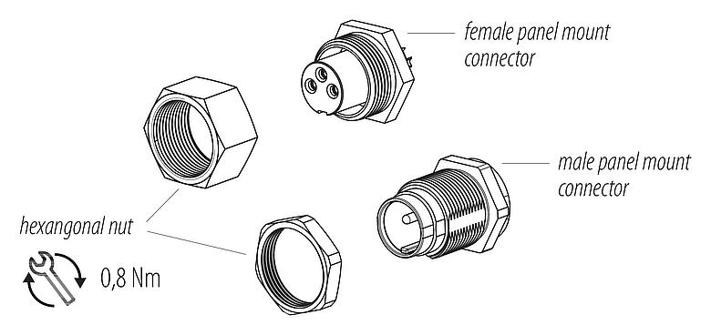 Component part drawing M9 Female panel mount connector, Contacts: 3, unshielded, solder, IP40, M9x0,5, Front mounting