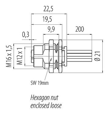 Scale drawing M12 Female panel mount connector, Contacts: 5, unshielded, single wires, IP68, UL 2238, M16x1.5, Rear mounting